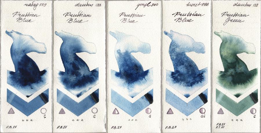 Rosa Gallery 779 Prussian Blue, Daniel Smith 082 Prussian Blue, Golden QOR 340 Prussian Blue, Kuretake Gansai Tambi 066 Prussian Blue, 128 Prussian Gre watercolor swatch