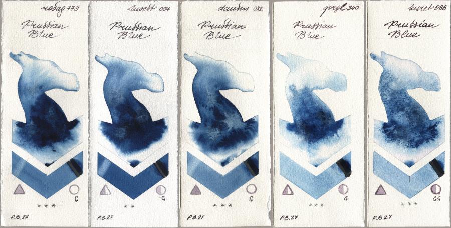 Rosa Gallery 779 Prussian Blue, Holbein Artists Watercolor 097 Prussian Blue, Daniel Smith 082 Prussian Blue, Golden QOR 340 Prussian Blue, Kuretake Gansai Tambi 066 Prussian Bl watercolor swatch