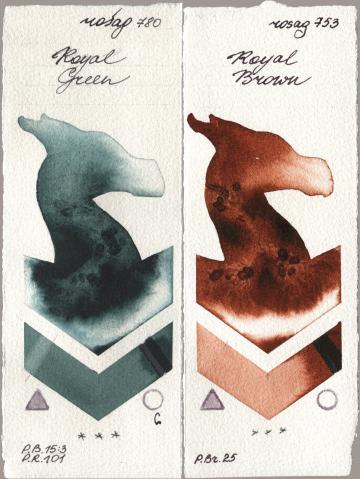 Rosa Gallery 780 Royal Green, 753 Royal Bro watercolor swatch