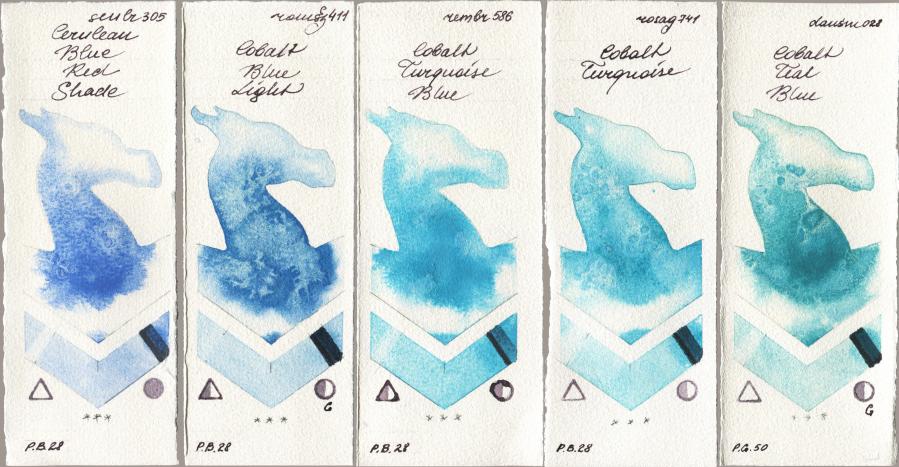 Sennelier l Aquarelle 305 Cerulean Blue Red Shade vs Roman Szmal Aquarius 411 Cobalt Blue Light vs Royal Talens Rembrandt Watercolour 586 Cobalt Turquoise Blue vs Rosa Gallery 741 Cobalt Turquoise vs Daniel Smith 028 Cobalt Teal Blue watercolor swatch