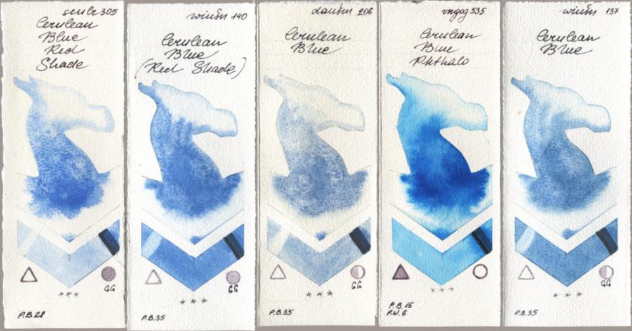 Sennelier l Aquarelle 305 Cerulean Blue Red Shade, Winsor & Newton Professional 140 Cerulean Blue (Red Shade), Daniel Smith 206 Cerulean Blue, Royal Talens Van Gogh Watercolour 535 Cerulean Blue Phthalo, 137 Cerulean Bl watercolor swatch
