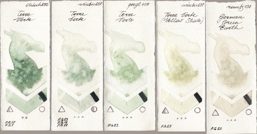 Shinhan PWC 592 Terre Verte vs Winsor & Newton Professional 637 Terre Verte vs Golden QOR 405 Terre Verte vs 638 Terre Verte (Yellow Shade) vs Roman Szmal Aquarius 138 German Green Earth watercolor swatch