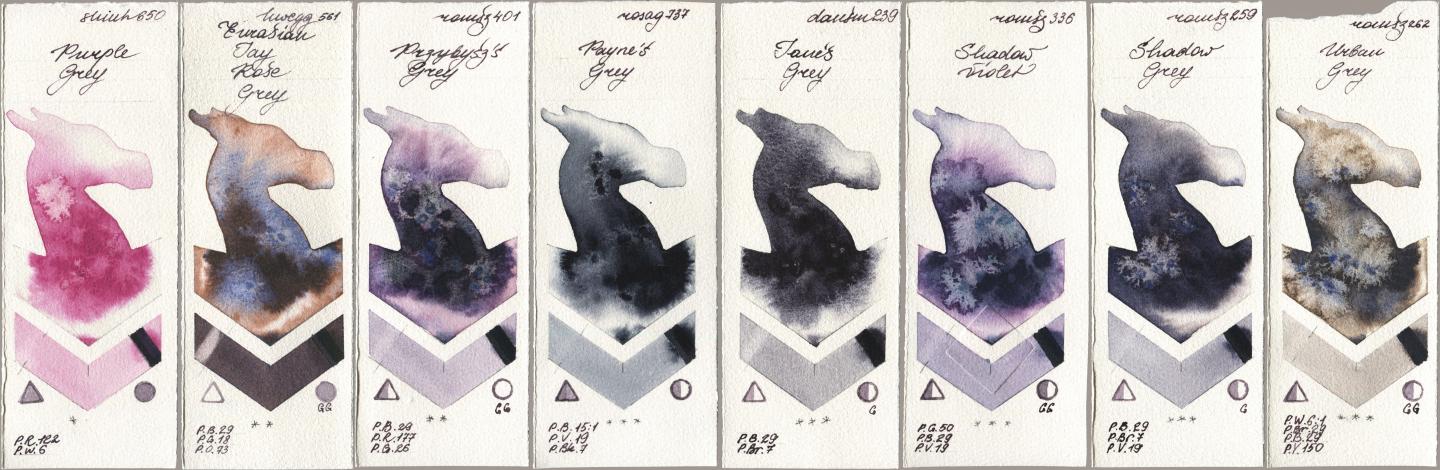 Shinhan PWC 650 Purple Grey, Holbein Artists Watercolor 561 Eurasian Jay Rose Grey, Roman Szmal Aquarius 401 Przybyszs Grey, Rosa Gallery 737 Paynes Grey, Daniel Smith 239 Janes Grey, 336 Shadow Violet, 259 Shadow Grey, 262 Urban Gr watercolor swatch