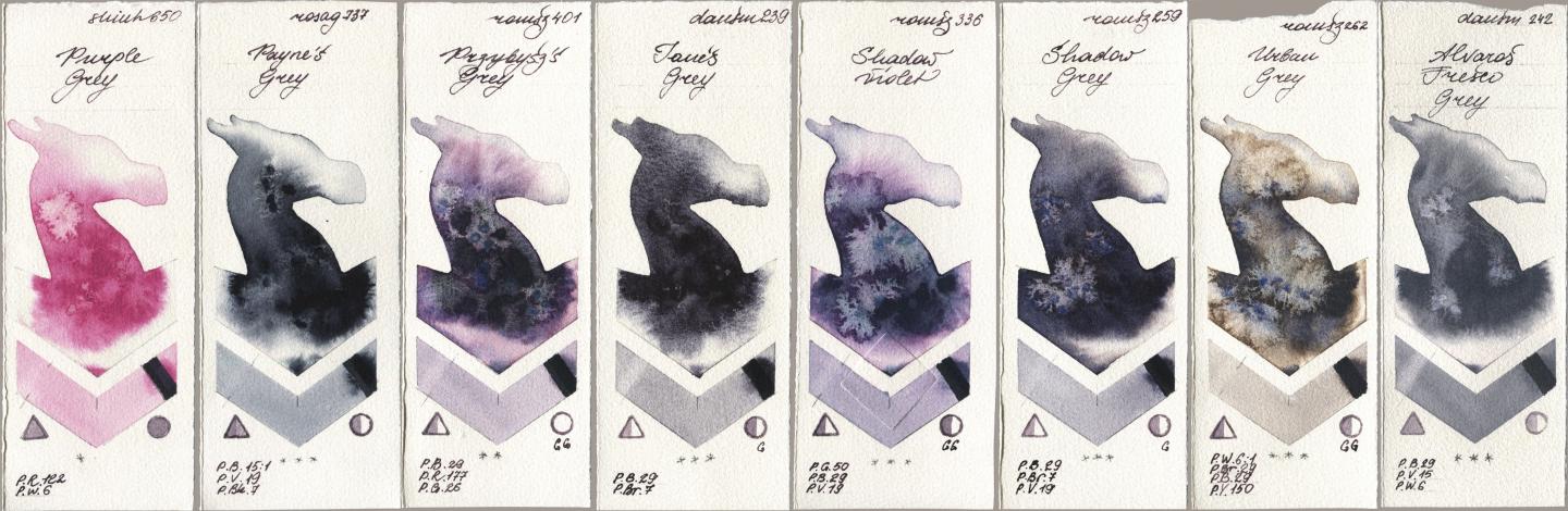 Shinhan PWC 650 Purple Grey, Rosa Gallery 737 Paynes Grey, Roman Szmal Aquarius 401 Przybyszs Grey, Daniel Smith 239 Janes Grey, 336 Shadow Violet, 259 Shadow Grey, 262 Urban Grey, 242 Alvaros Fresco Gr watercolor swatch