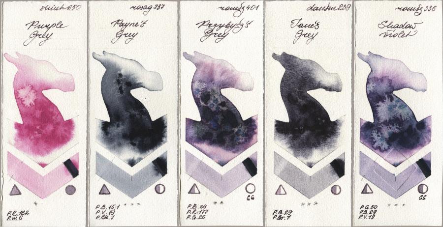 Shinhan PWC 650 Purple Grey vs Rosa Gallery 737 Paynes Grey vs Roman Szmal Aquarius 401 Przybyszs Grey vs Daniel Smith 239 Janes Grey vs 336 Shadow Violet watercolor swatch