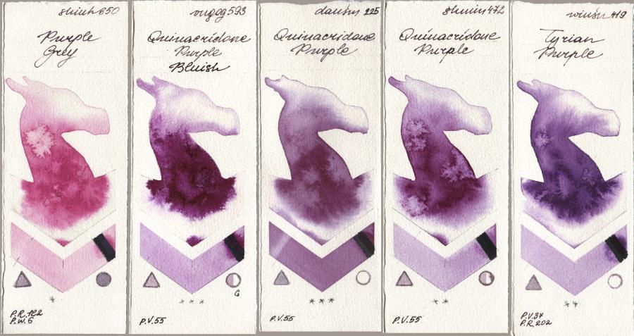 Shinhan PWC 650 Purple Grey, Royal Talens Van Gogh Watercolour 593 Quinacridone Purple Bluish, Daniel Smith 225 Quinacridone Purple, Shminke Horadam Aquarell 472 Quinacridone Purple, Winsor & Newton Professional 419 Tyrian Purp watercolor swatch