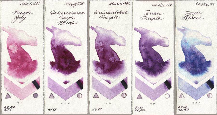 Shinhan PWC 650 Purple Grey vs Royal Talens Van Gogh Watercolour 593 Quinacridone Purple Bluish vs Shminke Horadam Aquarell 472 Quinacridone Purple vs Winsor & Newton Professional 419 Tyrian Purple vs Kusakabe 001 Purple Spinel watercolor swatch