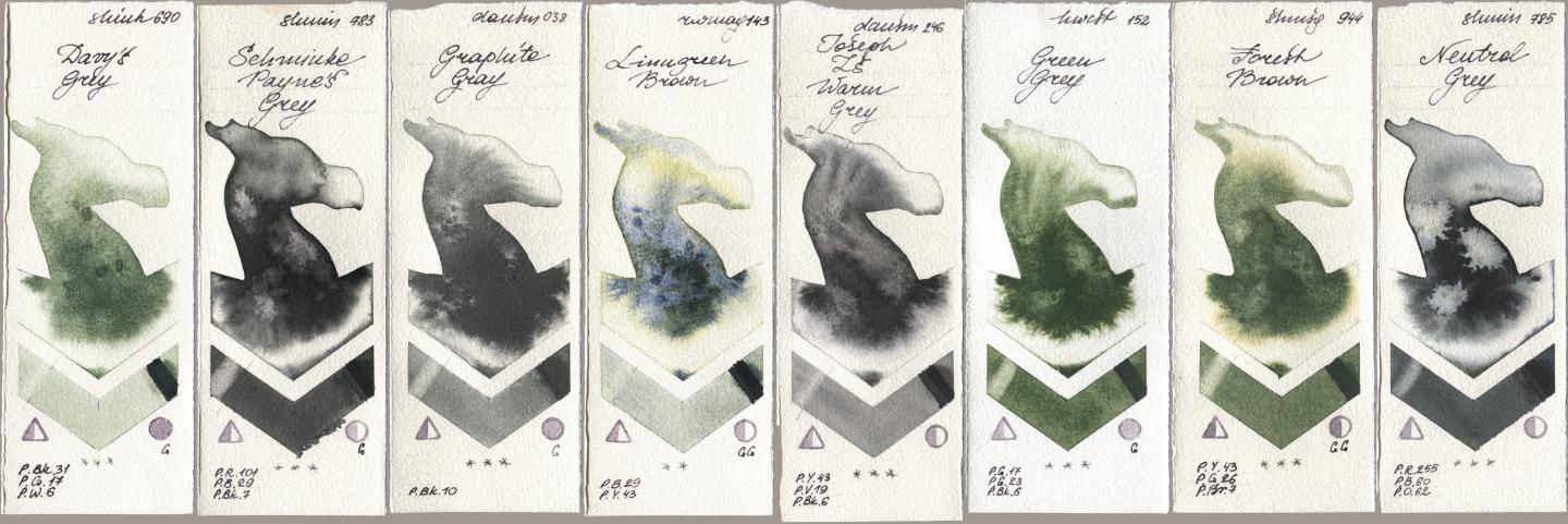 Shinhan PWC 690 Davys Grey, Shminke Horadam Aquarell 783 Schmincke Paynes Grey, Daniel Smith 038 Graphite Gray, Rockwell 143 Limugreen Brown, 246 Joseph Zs Warm Grey, Holbein Artists Watercolor 152 Green Grey, 944 Forest Brown, 785 Neutral Gr watercolor swatch