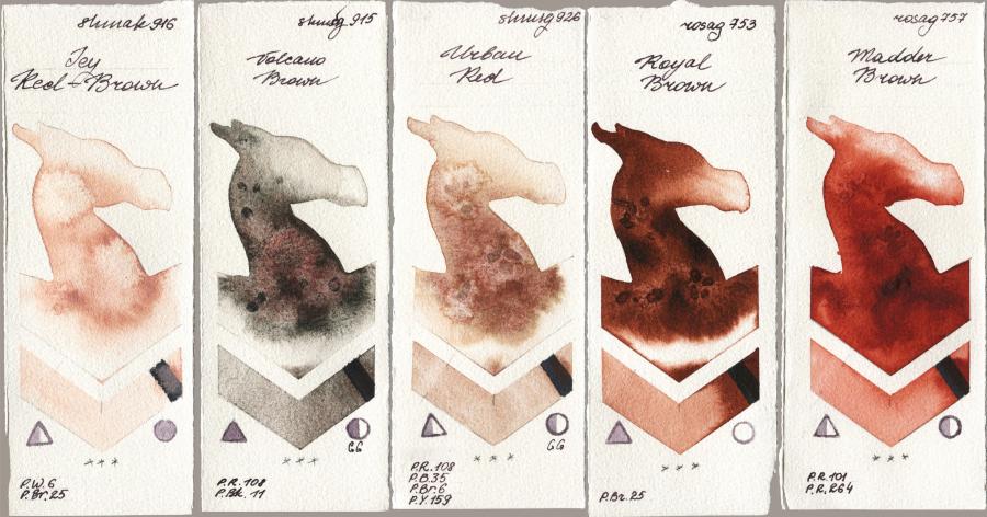 Shminke Akademie Aquarell 916 Icy Red-Brown vs Shminke Horadam Aquarell 915 Volcano Brown vs 926 Urban Red vs Rosa Gallery 753 Royal Brown vs 757 Madder Brown watercolor swatch