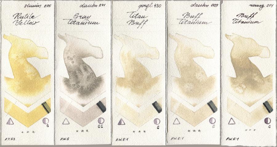 Shminke Horadam Aquarell 205 Rutile Yellow, Daniel Smith 241 Gray Titanium, Golden QOR 430 Titan Buff, 009 Buff Titanium, Roman Szmal Aquarius 201 Buff Titani watercolor swatch