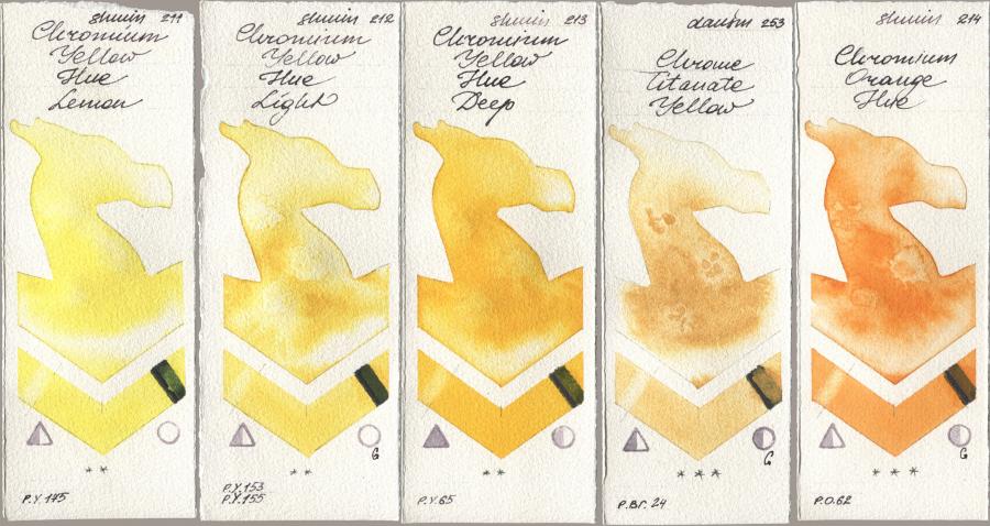 Shminke Horadam Aquarell 211 Chromium Yellow Hue Lemon, 212 Chromium Yellow Hue Light, 213 Chrome Yellow Deep LF (Chromium Yellow Hue Deep), Daniel Smith 253 Chrome Titanate Yellow, 214 Chrome Organge LF (Chromium Orange Hu watercolor swatch