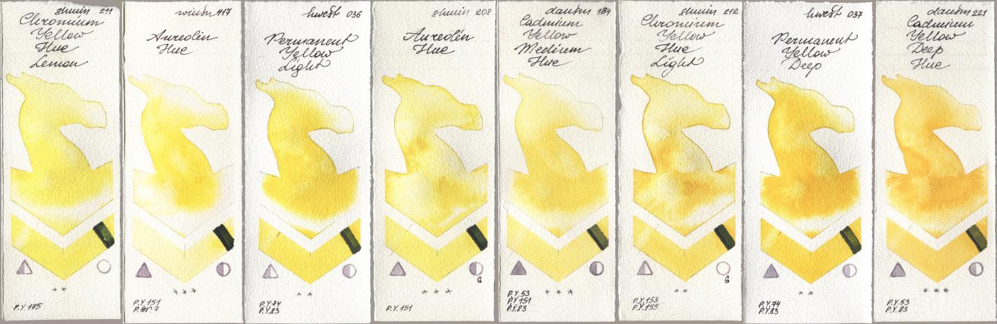 Shminke Horadam Aquarell 211 Chromium Yellow Hue Lemon, Winsor & Newton Professional 417 Aureolin Hue, Holbein Artists Watercolor 036 Permanent Yellow Light, 208 Aureolin Hue, Daniel Smith 184 Cadmium Yellow Medium Hue, 212 Chromium Yellow Hue Light, 037 Permanent Yellow Deep, 221 Cadmium Yellow Deep H watercolor swatch