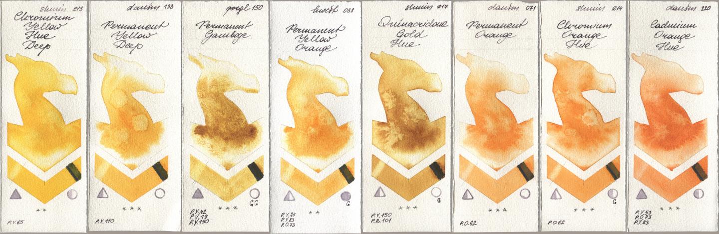 Shminke Horadam Aquarell 213 Chrome Yellow Deep LF (Chromium Yellow Hue Deep), Daniel Smith 133 Permanent Yellow Deep, Golden QOR 150 Permanent Gamboge, Holbein Artists Watercolor 038 Permanent Yellow Orange, 217 Quinacridone Gold Hue, 071 Permanent Orange, 214 Chrome Organge LF (Chromium Orange Hue), 220 Cadmium Orange H watercolor swatch