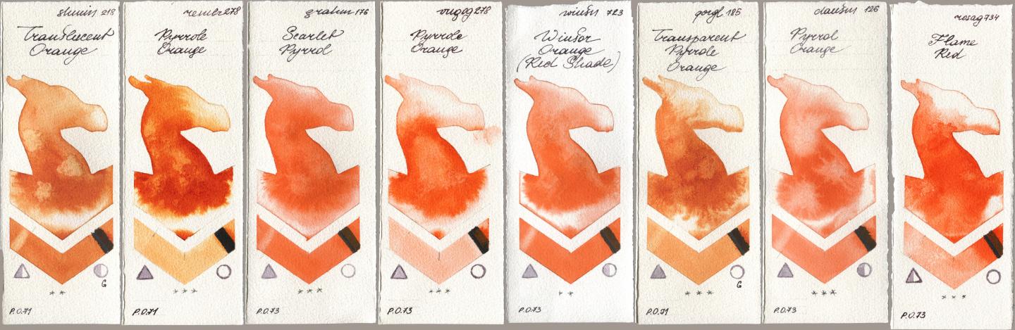Shminke Horadam Aquarell 218 Translucent Orange / Transparent Orange, Royal Talens Rembrandt Watercolour 278 Pyrrole Orange, M. Graham & Co. Artists 176 Scarlet Pyrrol, Royal Talens Van Gogh Watercolour 278 Pyrrole Orange, Winsor & Newton Professional 723 Winsor Orange (Red Shade), Golden QOR 185 Transparent Pyrrole Orange, Daniel Smith 126 Pyrrol Orange, Rosa Gallery 734 Flame R watercolor swatch