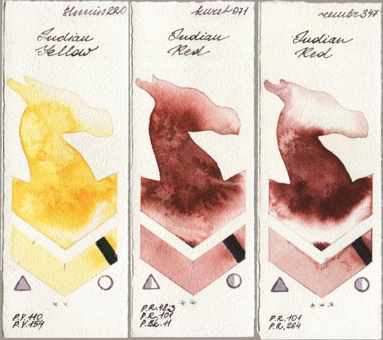 Shminke Horadam Aquarell 220 Indian Yellow vs Kuretake Gansai Tambi 071 Indian Red vs Royal Talens Rembrandt Watercolour 347 Indian Red watercolor swatch