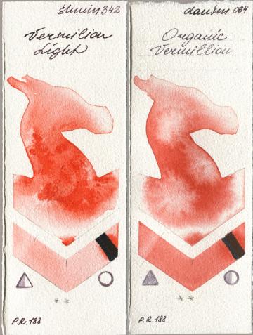 Shminke Horadam Aquarell 342 Vermilion Light, Daniel Smith 064 Organic Vermili watercolor swatch
