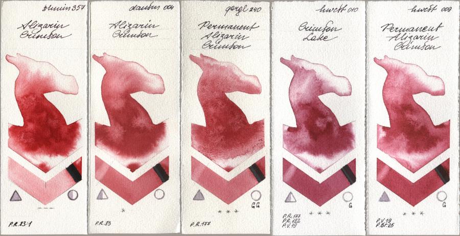 Shminke Horadam Aquarell 357 Alizarin Crimson, Daniel Smith 004 Alizarin Crimson, Golden QOR 240 Permanent Alizarin Crimson, Holbein Artists Watercolor 010 Crimson Lake, 009 Permanent Alizarin Crims watercolor swatch