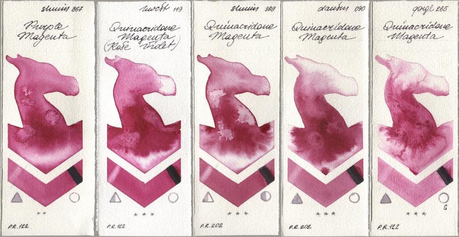 Shminke Horadam Aquarell 367 Purple Magenta, Holbein Artists Watercolor 119 Quinacridone Magenta (Rose Violet), 369 Quinacridone Magenta, Daniel Smith 090 Quinacridone Magenta, Golden QOR 265 Quinacridone Magen watercolor swatch