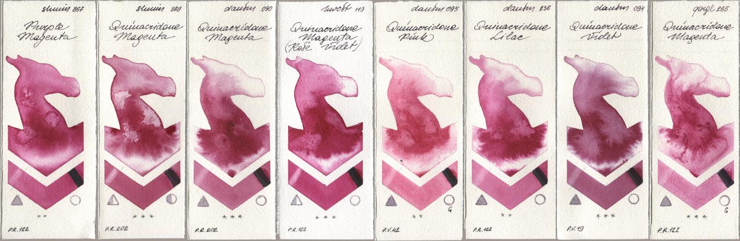 Shminke Horadam Aquarell 367 Purple Magenta, 369 Quinacridone Magenta, Daniel Smith 090 Quinacridone Magenta, Holbein Artists Watercolor 119 Quinacridone Magenta (Rose Violet), 095 Quinacridone Pink, 236 Quinacridone Lilac, 094 Quinacridone Violet, Golden QOR 265 Quinacridone Magen watercolor swatch