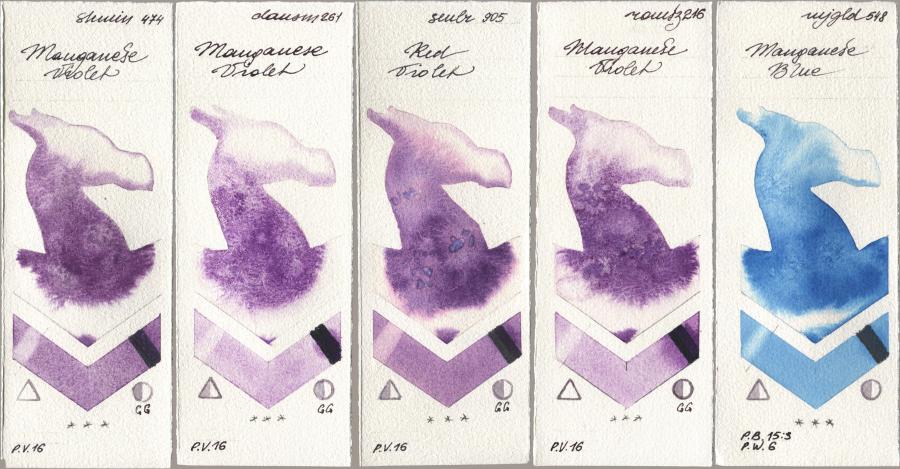 Shminke Horadam Aquarell 474 Manganese Violet, Daniel Smith 261 Manganese Violet, Sennelier l Aquarelle 905 Red Violet, Roman Szmal Aquarius 216 Manganese Violet, Mijello Mission Gold 548 Manganese Bl watercolor swatch