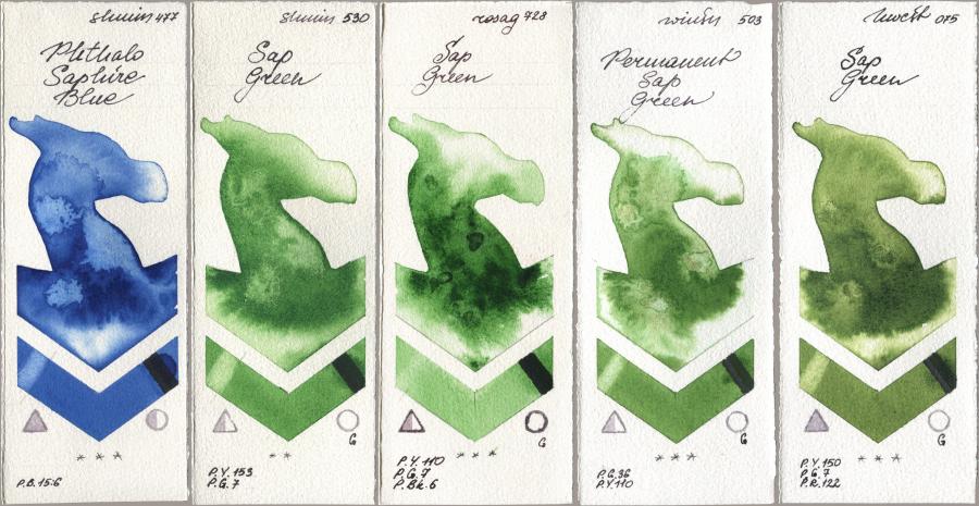 Shminke Horadam Aquarell 477 Phthalo Saphire Blue, 530 Sap Green, Rosa Gallery 728 Sap Green, Winsor & Newton Professional 503 Permanent Sap Green, Holbein Artists Watercolor 075 Sap Gre watercolor swatch