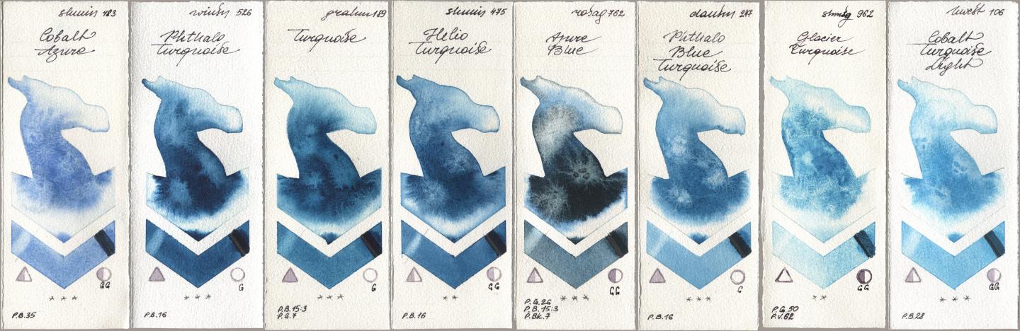 Shminke Horadam Aquarell 483 Cobalt Azure, Winsor & Newton Professional 526 Phthalo Turquoise, M. Graham & Co. Artists 189 Turquoise, 475 Helio Turquoise, Rosa Gallery 762 Azure Blue, Daniel Smith 247 Phthalo Blue Turquoise, 962 Glacier Turquoise, Holbein Artists Watercolor 106 Cobalt Turquoise Lig watercolor swatch