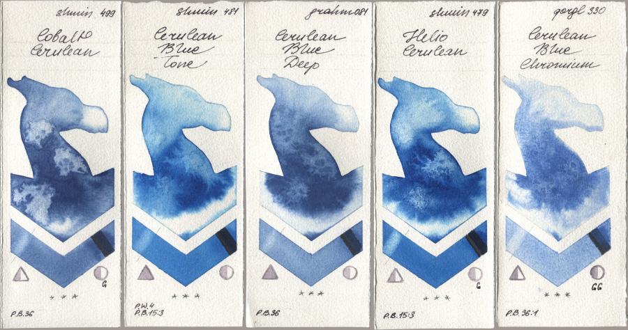 Shminke Horadam Aquarell 499 Cobalt Cerulean, 481 Cerulean Blue Tone, M. Graham & Co. Artists 081 Cerulean Blue Deep, 479 Helio Cerulean, Golden QOR 330 Cerulean Blue, Chromi watercolor swatch