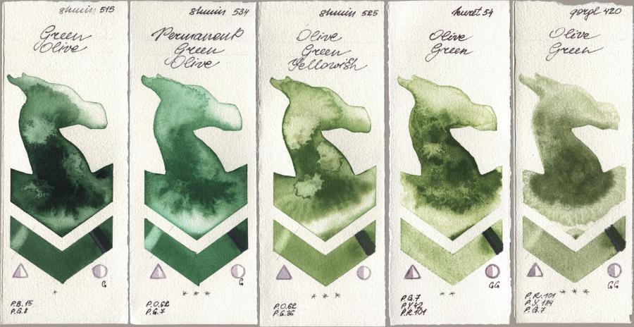 Shminke Horadam Aquarell 515 Green Olive, 534 Permanent Green Olive, 525 Olive Green Yellowish, Kuretake Gansai Tambi 054 Olive Green, Golden QOR 420 Olive Gre watercolor swatch