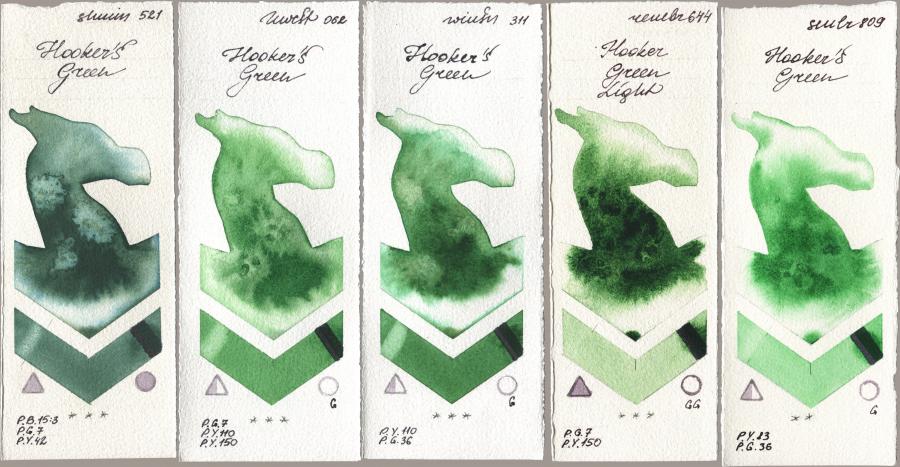Shminke Horadam Aquarell 521 Hookers Green, Holbein Artists Watercolor 062 Hookers Green, Winsor & Newton Professional 311 Hookers Green, Royal Talens Rembrandt Watercolour 644 Hooker Green Light, Sennelier l Aquarelle 809 Hookers Gre watercolor swatch