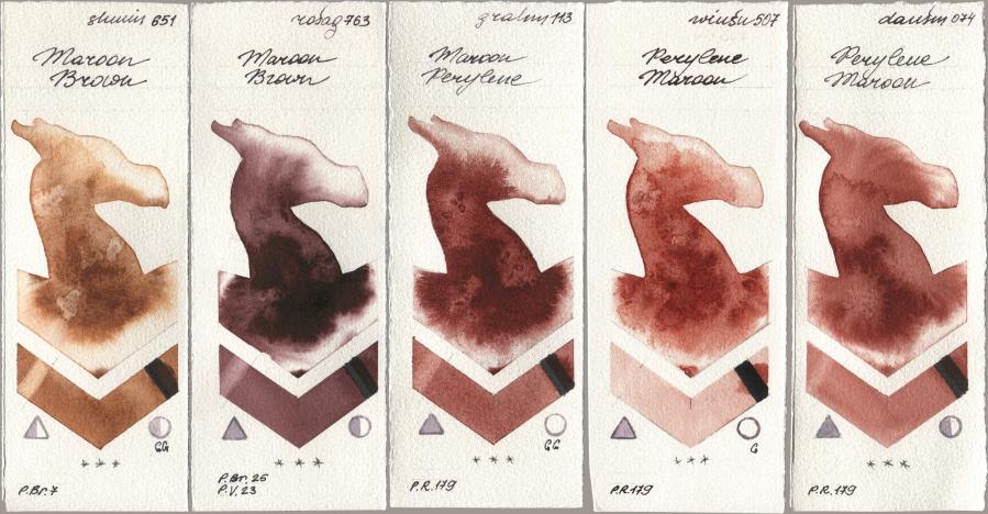 Shminke Horadam Aquarell 651 Maroon Brown, Rosa Gallery 763 Maroon Brown, M. Graham & Co. Artists 113 Maroon Perylene, Winsor & Newton Professional 507 Perylene Maroon, Daniel Smith 074 Perylene Maro watercolor swatch