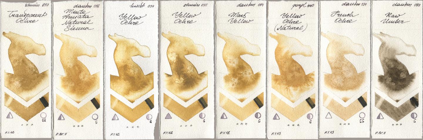 Shminke Horadam Aquarell 657 Transparent Ochre, Daniel Smith 056 Monte Amiata Natural Sienna, Holbein Artists Watercolor 034 Yellow Ochre, 655 Yellow Ochre, 054 Mars Yellow, Golden QOR 440 Yellow Ochre (Natural), 134 French Ochre, 097 Raw Umb watercolor swatch