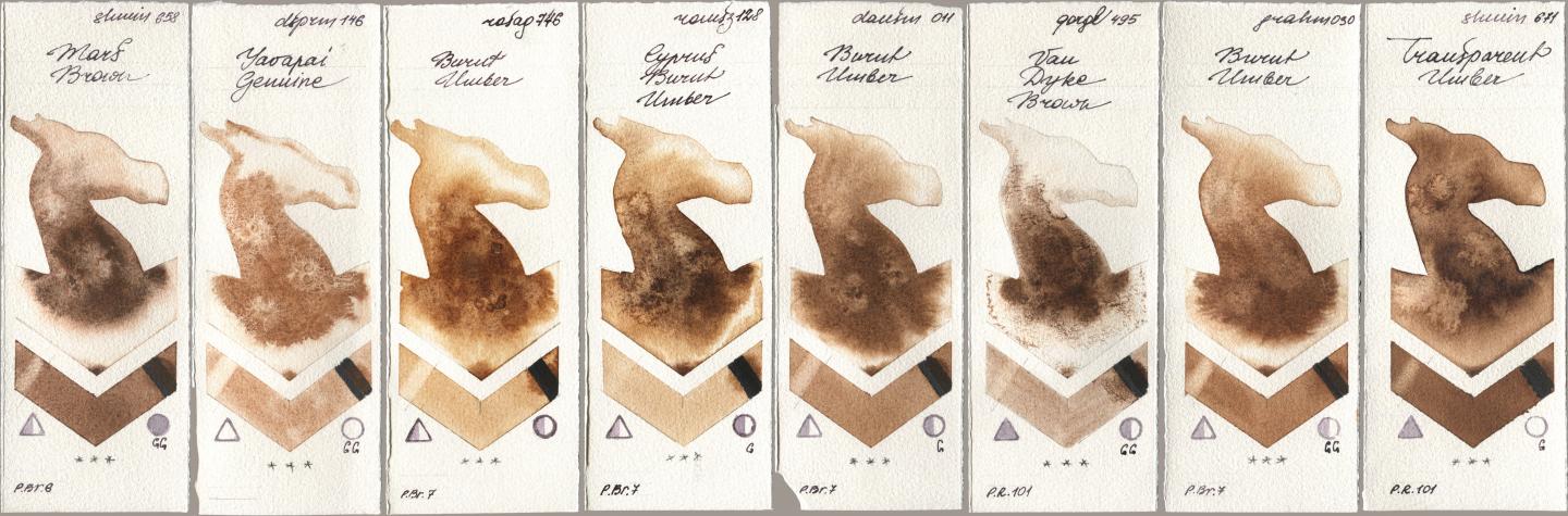 Shminke Horadam Aquarell 658 Mars Brown, Daniel Smith 146 Yavapai Genuine, Rosa Gallery 746 Burnt Umber, Roman Szmal Aquarius 128 Cyprus Burnt Umber, 011 Burnt Umber, Golden QOR 495 Van Dyke Brown, M. Graham & Co. Artists 030 Burnt Umber, 671 Transparent Umb watercolor swatch