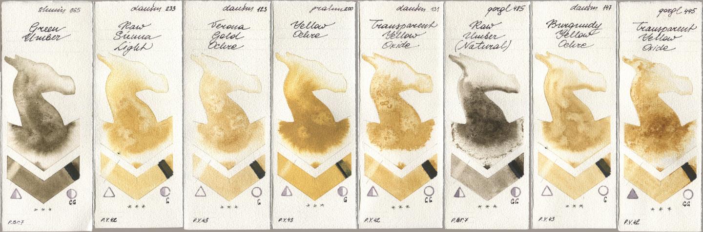 Shminke Horadam Aquarell 665 Green Umber, Daniel Smith 233 Raw Sienna Light, 123 Verona Gold Ochre, M. Graham & Co. Artists 200 Yellow Ochre, 131 Transparent Yellow Oxide, Golden QOR 485 Raw Umber (Natural), 147 Burgundy Yellow Ochre, 445 Transparent Yellow Oxi watercolor swatch