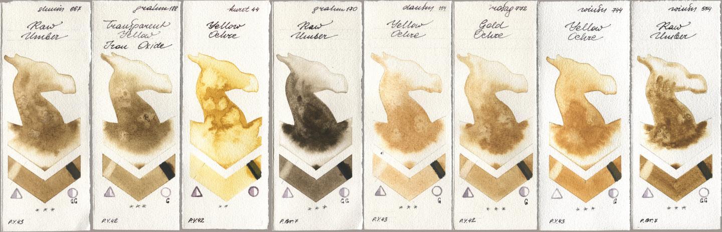 Shminke Horadam Aquarell 667 Raw Umber, M. Graham & Co. Artists 188 Transparent Yellow Iron Oxide, Kuretake Gansai Tambi 044 Yellow Ochre, 170 Raw Umber, Daniel Smith 114 Yellow Ochre, Rosa Gallery 772 Gold Ochre, Winsor & Newton Professional 744 Yellow Ochre, 554 Raw Umb watercolor swatch