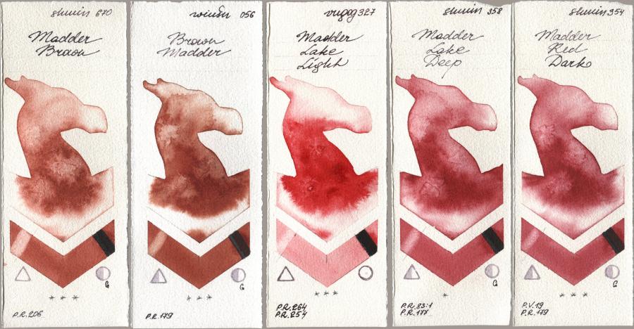 Shminke Horadam Aquarell 670 Madder Brown, Winsor & Newton Professional 056 Brown Madder, Royal Talens Van Gogh Watercolour 327 Madder Lake Light, 358 Madder Lake Deep, 354 Madder Red Da watercolor swatch