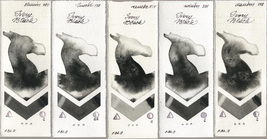 Shminke Horadam Aquarell 780 Ivory Black, Holbein Artists Watercolor 138 Ivory Black, Royal Talens Rembrandt Watercolour 701 Ivory Black, Winsor & Newton Professional 331 Ivory Black, Daniel Smith 048 Ivory Bla watercolor swatch