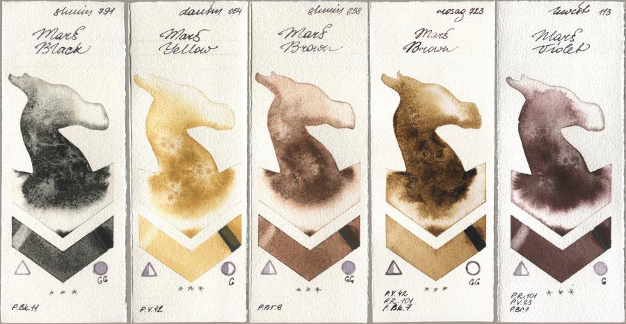 Shminke Horadam Aquarell 791 Mars Black, Daniel Smith 054 Mars Yellow, 658 Mars Brown, Rosa Gallery 723 Mars Brown, Holbein Artists Watercolor 113 Mars Viol watercolor swatch