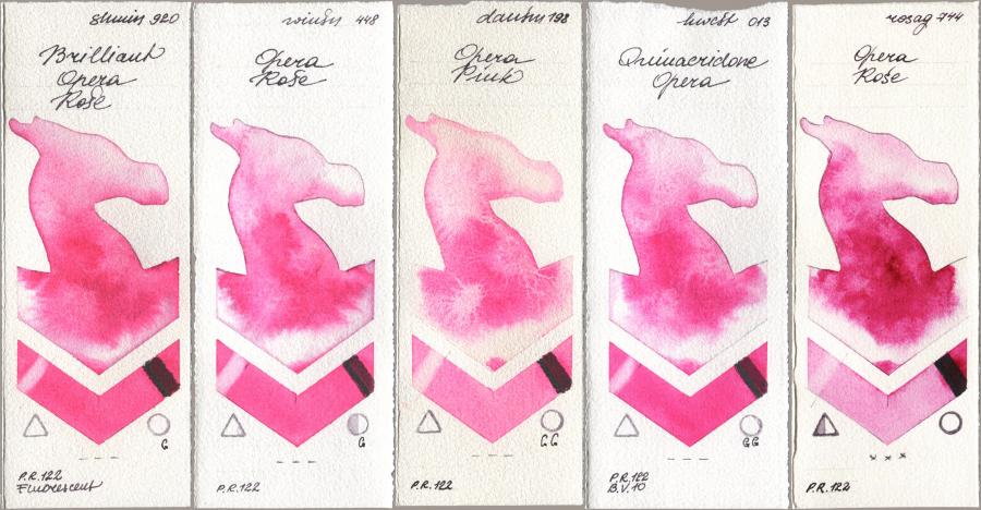 Shminke Horadam Aquarell 920 Brilliant Opera Rose, Winsor & Newton Professional 448 Opera Rose, Daniel Smith 198 Opera Pink, Holbein Artists Watercolor 013 Opera (Quinacridone Opera), Rosa Gallery 744 Opera Ro watercolor swatch