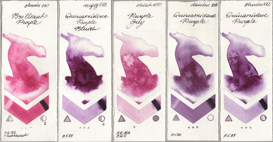 Shminke Horadam Aquarell 930 Brilliant Purple, Royal Talens Van Gogh Watercolour 593 Quinacridone Purple Bluish, Shinhan PWC 650 Purple Grey, Daniel Smith 225 Quinacridone Purple, 472 Quinacridone Purp watercolor swatch