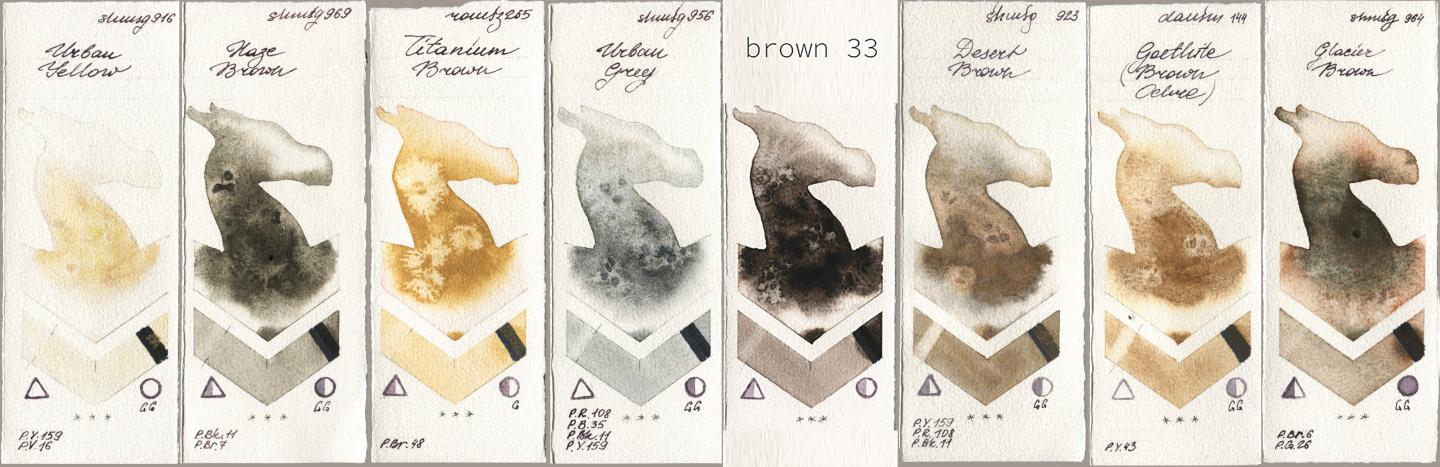 Shminke Horadam Aquarell 916 Urban Yellow, 969 Haze Brown, Roman Szmal Aquarius 265 Titanium Brown, 956 Urban Grey, my 033 brown33, 923 Desert Brown, Daniel Smith 144 Goethite (Brown Ochre), 964 Glacier Bro watercolor swatch