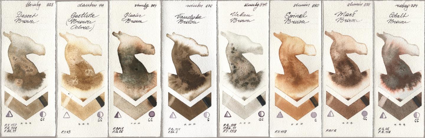 Shminke Horadam Aquarell 923 Desert Brown, Daniel Smith 144 Goethite (Brown Ochre), 964 Glacier Brown, Winsor & Newton Professional 676 Vandyke Brown, 946 Urban Brown, 650 Spinel Brown, 658 Mars Brown, Rosa Gallery 784 Cobalt Bro watercolor swatch