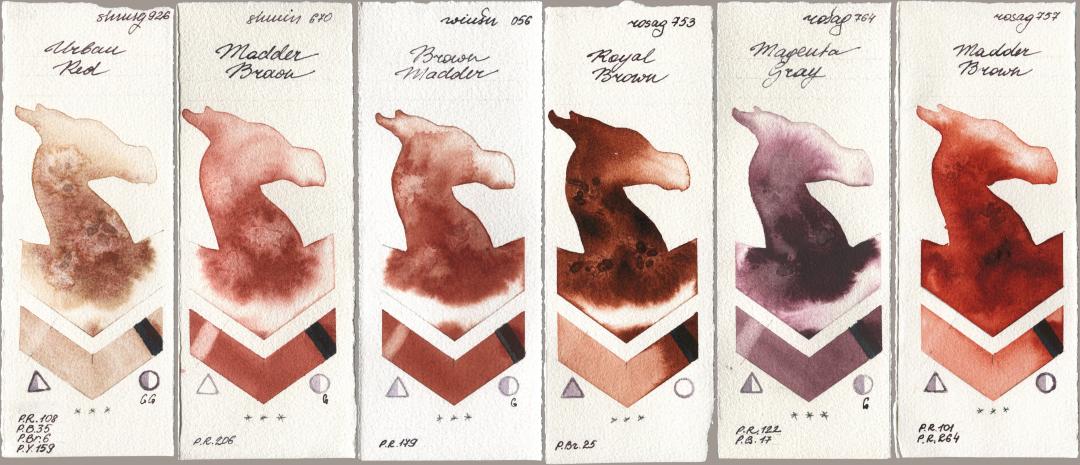 Shminke Horadam Aquarell 926 Urban Red, 670 Madder Brown, Winsor & Newton Professional 056 Brown Madder, Rosa Gallery 753 Royal Brown, 764 Magenta Gray, 757 Madder Bro watercolor swatch