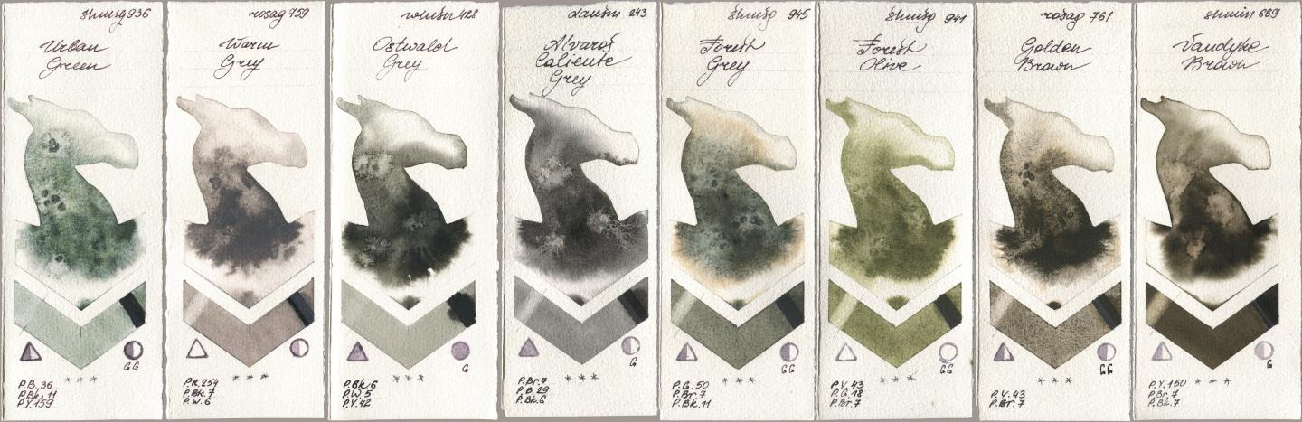 Shminke Horadam Aquarell 936 Urban Green, Rosa Gallery 759 Warm Grey, Winsor & Newton Professional 428 Ostwald Grey, Daniel Smith 243 Alvaros Caliente Grey, 945 Forest Grey, 941 Forest Olive, 761 Golden Brown, 669 Vandyke Bro watercolor swatch