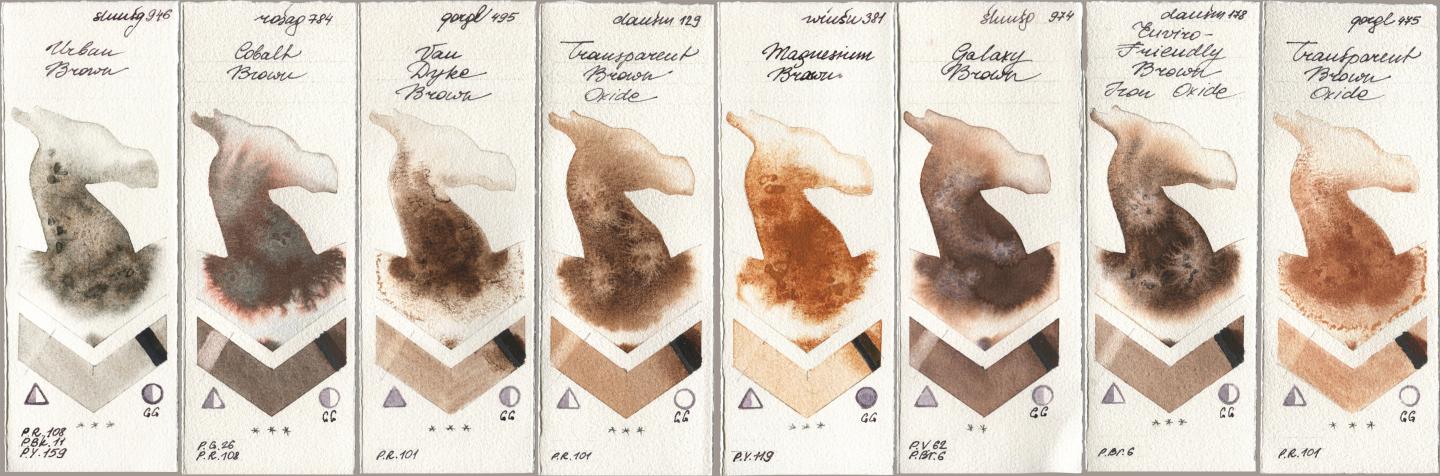 Shminke Horadam Aquarell 946 Urban Brown, Rosa Gallery 784 Cobalt Brown, Golden QOR 495 Van Dyke Brown, Daniel Smith 129 Transparent Brown Oxide, Winsor & Newton Professional 381 Magnesuim Brown, 974 Galaxy Brown, 178 Enviro-Friendly Brown Iron Oxide, 475 Transparent Brown Oxi watercolor swatch
