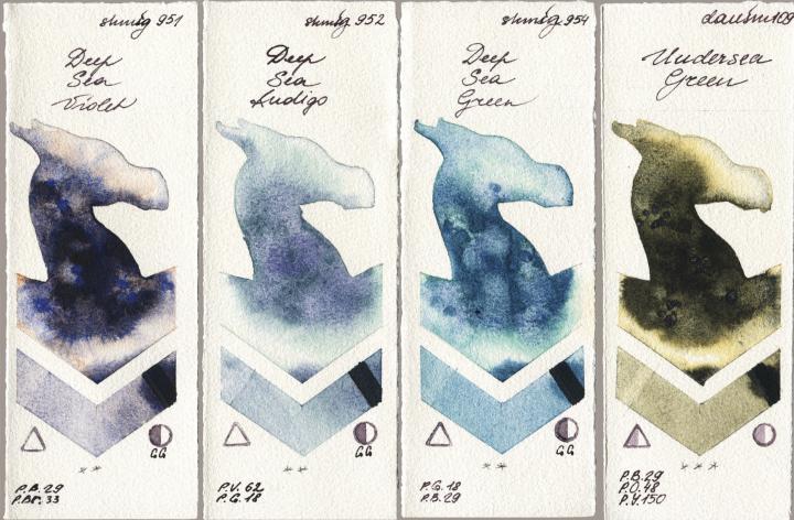 Shminke Horadam Aquarell 951 Deep Sea Violet vs 952 Deep Sea Indigo vs 954 Deep Sea Green vs Daniel Smith 109 Undersea Green watercolor swatch