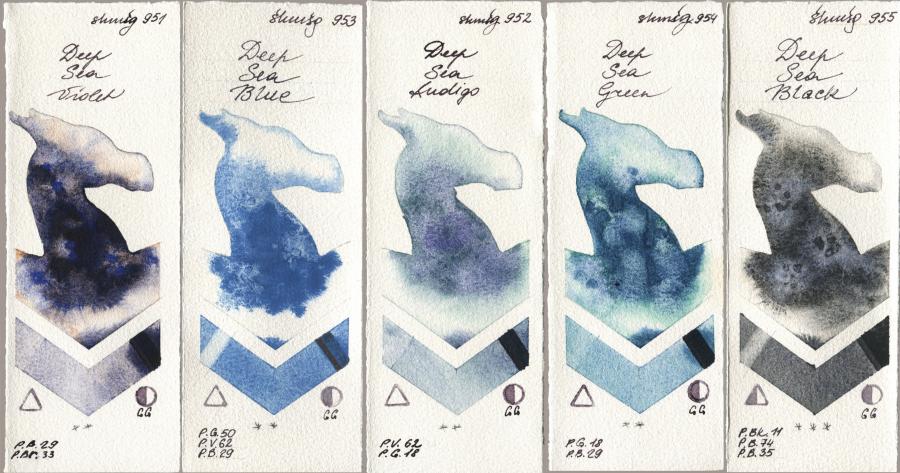 Shminke Horadam Aquarell 951 Deep Sea Violet, 953 Deep Sea Blue, 952 Deep Sea Indigo, 954 Deep Sea Green, 955 Deep Sea Bla watercolor swatch