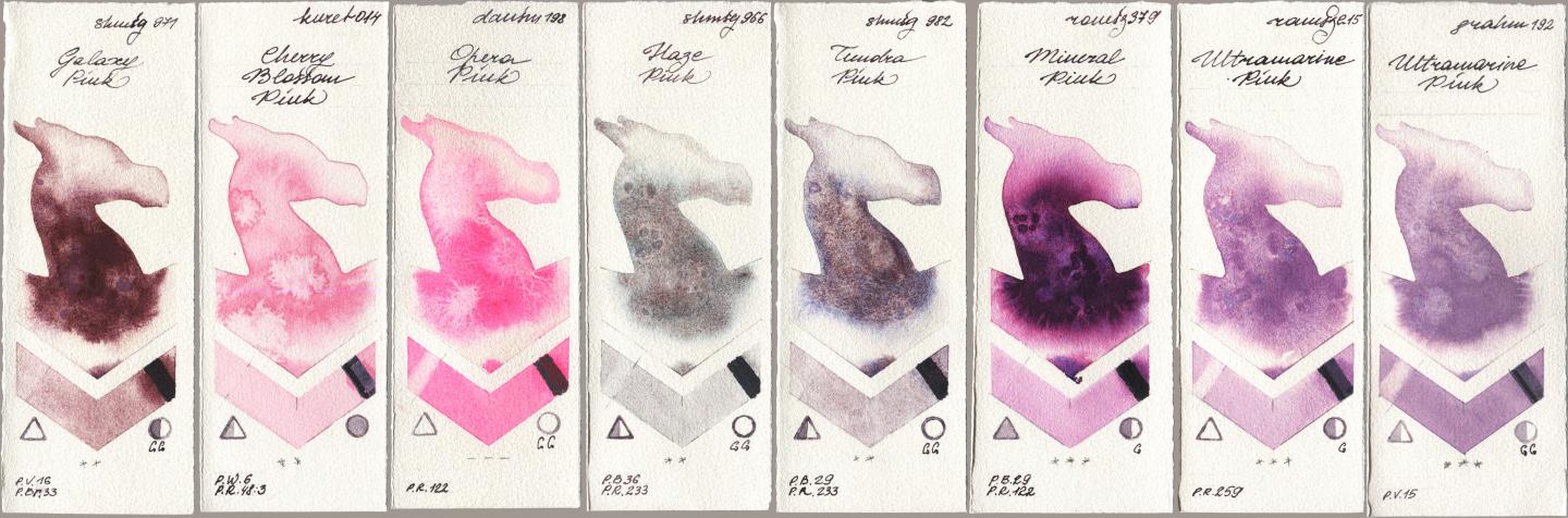 Shminke Horadam Aquarell 971 Galaxy Pink, Kuretake Gansai Tambi 014 Cherry Blossom Pink, Daniel Smith 198 Opera Pink, 966 Haze Pink, 982 Tundra Pink, Roman Szmal Aquarius 379 Mineral Pink, 215 Ultramarine Pink, M. Graham & Co. Artists 192 Ultramarine Pi watercolor swatch