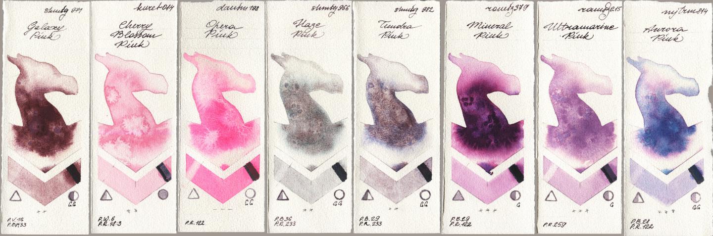 Shminke Horadam Aquarell 971 Galaxy Pink, Kuretake Gansai Tambi 014 Cherry Blossom Pink, Daniel Smith 198 Opera Pink, 966 Haze Pink, 982 Tundra Pink, Roman Szmal Aquarius 379 Mineral Pink, 215 Ultramarine Pink, Mijello Mission Gold 814 Aurora Pi watercolor swatch