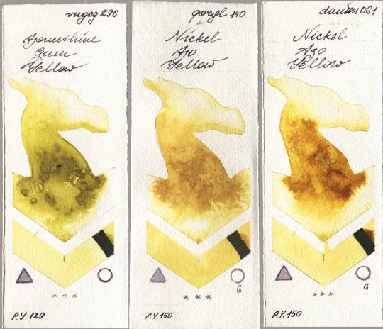 Royal Talens Van Gogh Watercolour 296 Azomethine Green Yellow, Golden QOR 140 Nickel Azo Yellow, Daniel Smith 061 Nickel Azo Yell watercolor swatch