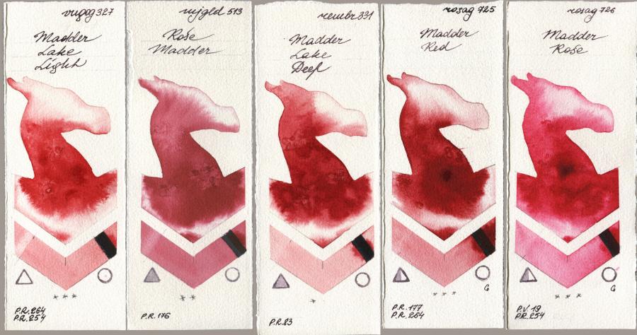 Royal Talens Van Gogh Watercolour 327 Madder Lake Light, Mijello Mission Gold 513 Rose Madder, Royal Talens Rembrandt Watercolour 331 Madder Lake Deep, Rosa Gallery 725 Madder Red, 726 Madder Ro watercolor swatch